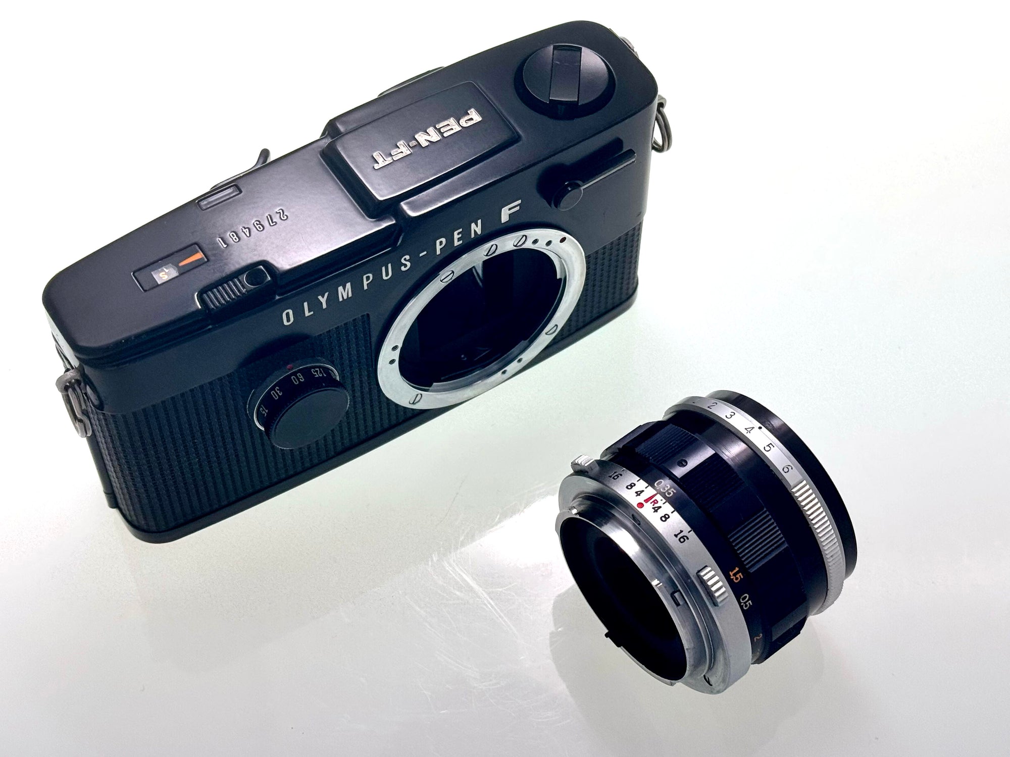 Vintage Black Olympus Pen FT Half-Frame Film Camera with Zuiko 38mm F1.8 Lens. (Exc)
